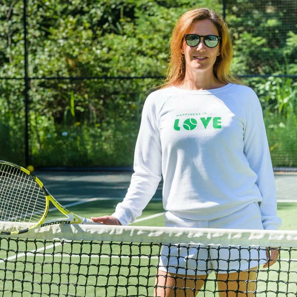 Happiness Is... Women's Tennis Love Sweatshirt - White/Green 3 Happiness Is... Women's Tennis Love Sweatshirt - White/Green - Image 3