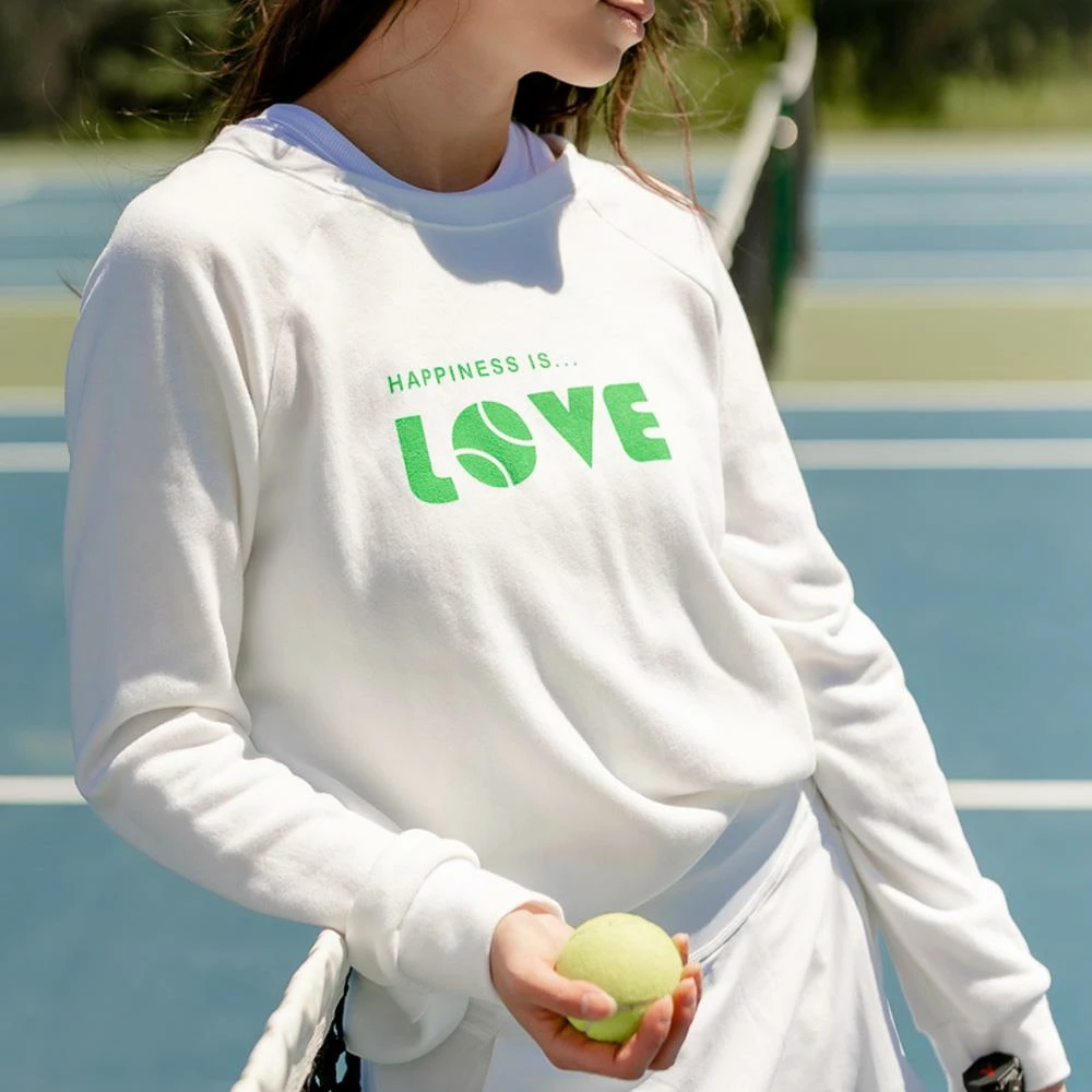 Happiness Is... Women's Tennis Love Sweatshirt - White/Green 2 Happiness Is... Women's Tennis Love Sweatshirt - White/Green - Image 2