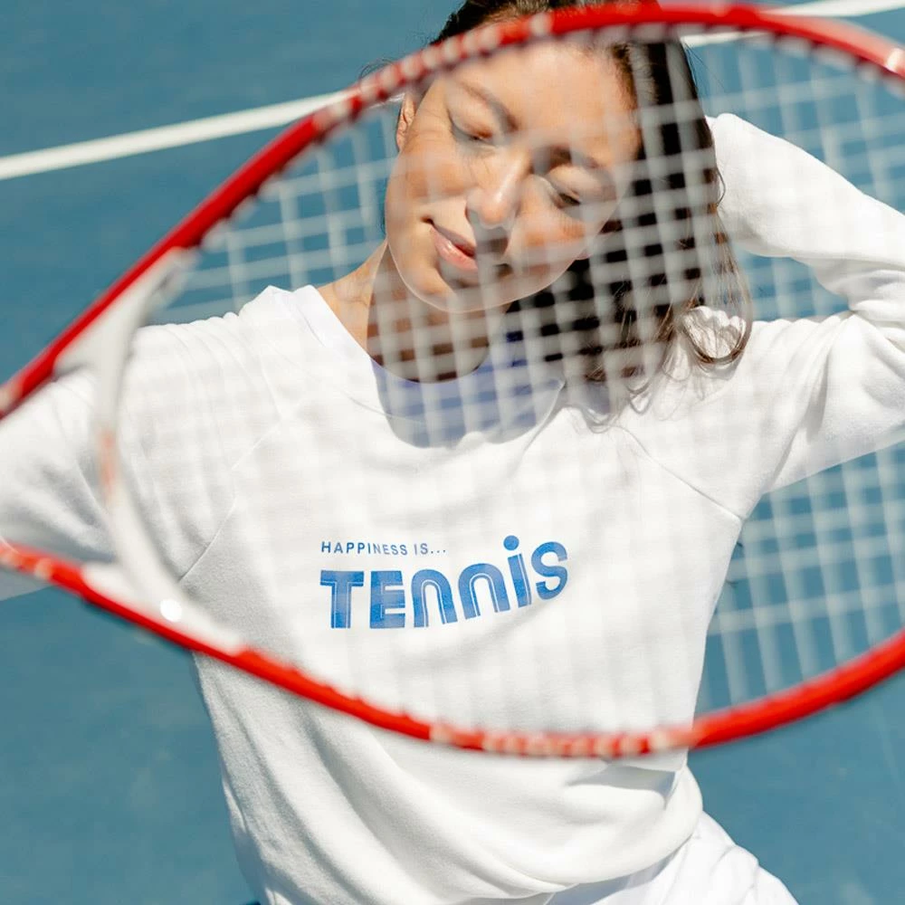 Happiness Is... Women's Tennis Sweatshirt - White/Blue 2 Happiness Is... Women's Tennis Sweatshirt - White/Blue - Image 2